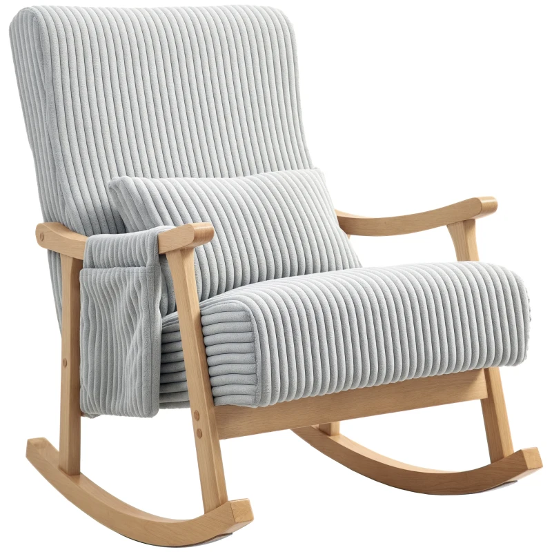 HOMCOM Silla Mecedora de Pana con Patas y Reposabrazos de Madera de Caucho Cojín Lumbar y Bolsillo Carga 120 kg Gris