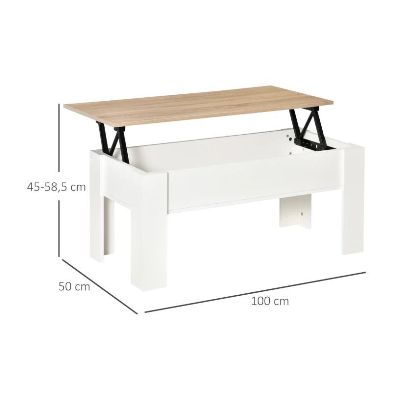 HOMCOM Höhenverstellbarer Couchtisch, Wohnzimmertisch mit verborgenem Stauraum, moderner Stil, für Wohnzimmer, Büro, 100x50x45cm, weiß