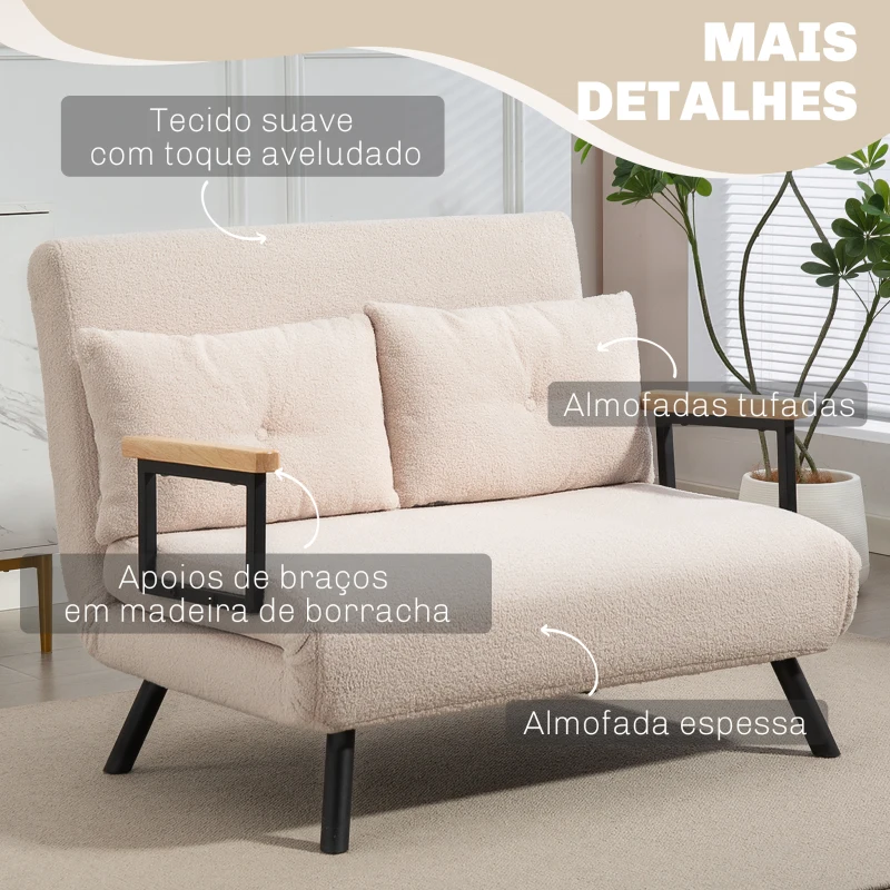 HOMCOM Sofá Cama Sofá Convertível em Cama de 2 Lugares Dobrável com Encosto Ajustável em 5 Níveis e 2 Almofadas 102x73x81 cm Bege