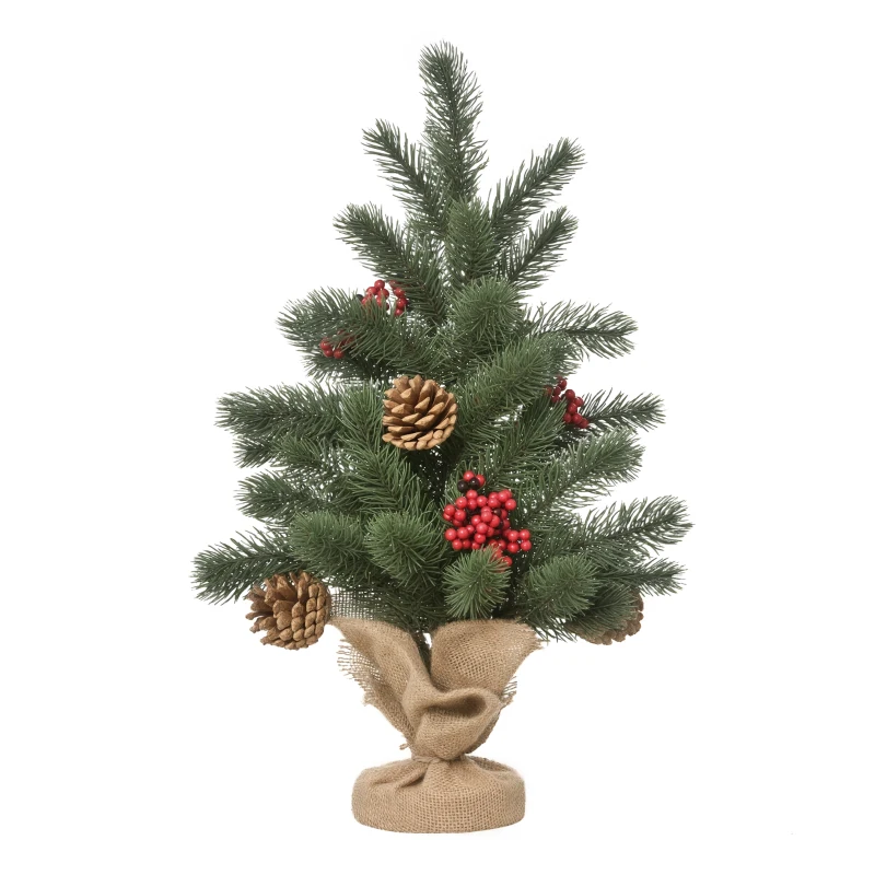 HOMCOM Mini-Weihnachtsbaum Weihnachtsdekoration, inkl. Schmuck, rote Beeren, 50 cm hoch, inkl. Zementsockel, Grün + Mehrfarbig