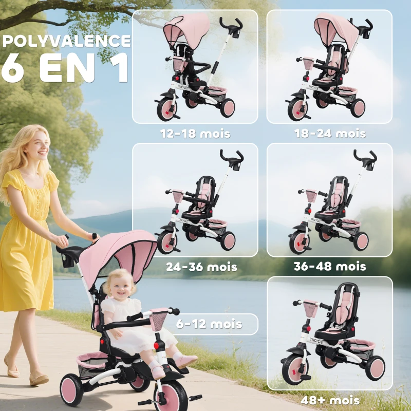 AIYAPLAY Tricycle bébé évolutif 6 en 1, tricycle enfant pliable avec poignée parentale réglable, siège pivotant 360°, rose