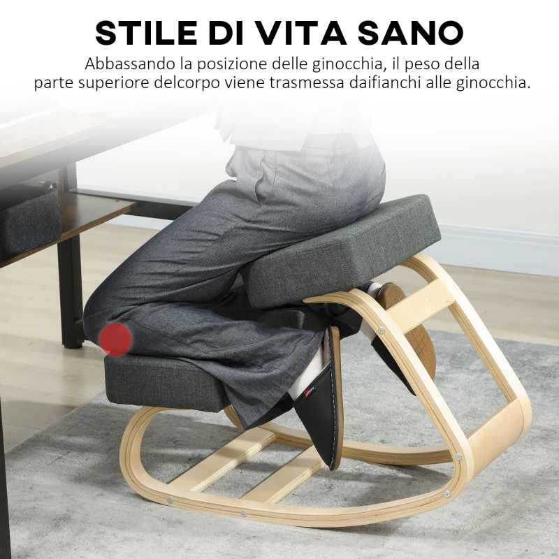 Vinsetto Sedia Ergonomica con Inginocchiatoio in Legno di Betulla e Cuscino, 51x69x58 cm, Grigio