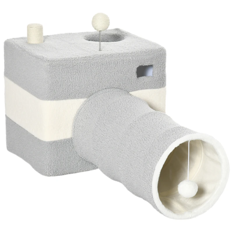 PawHut Túnel para Gatos con Cueva Tubo de Juguete para Mascotas con Orificio Superior y Bola Colgante 48x95x58 cm Gris