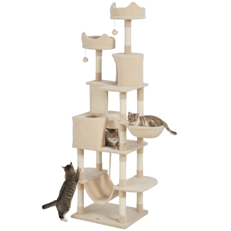 PawHut Arranhador para Gatos Grande Altura 173 cm Torre para Gatos com Plataformas Caverna Bolas Suspensa e Rede Bege