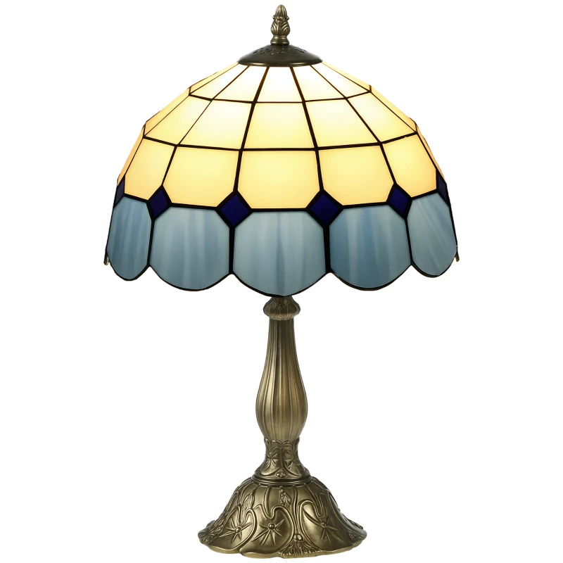 HOMCOM Candeeiro de Mesa com Desenho de Vitrais Coloridos  Candeeiro de Mesa de Vidro para Dormitório Sala de Estar Escritório Ø31x48 cm Azul