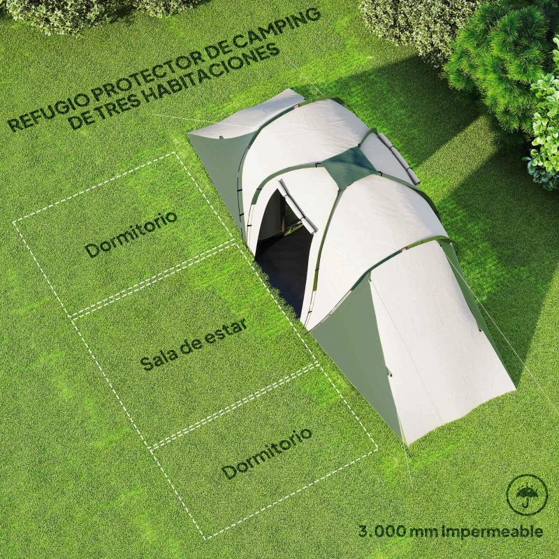 Outsunny Tienda de Campaña para de 4-6 Personas con 2 Dormitorios Tienda de Camping Impermeable 3000 mm 555x225x190 cm Gris Verde