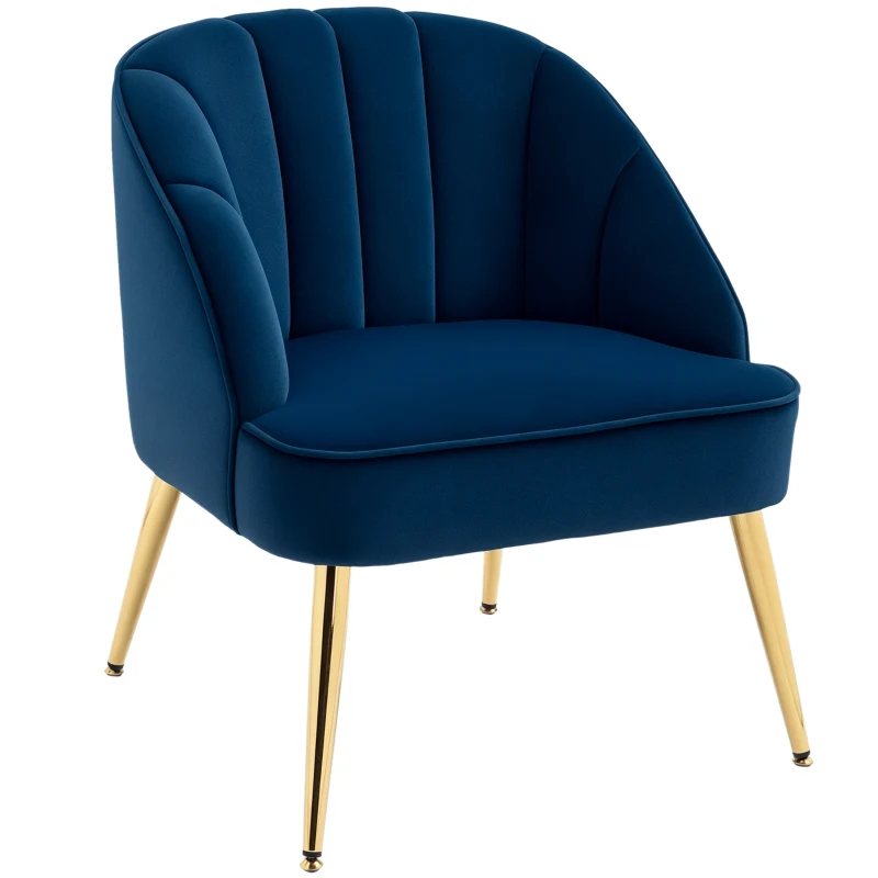 HOMCOM Poltroncina da camera in velluto con Gambe in Acciaio Dorate, 65x64x77cm Blu Scuro