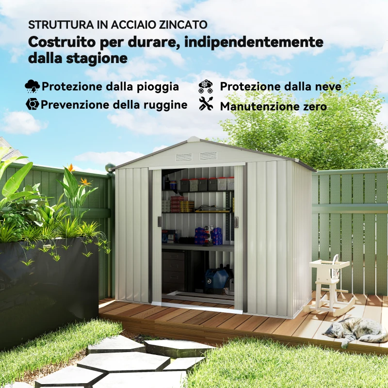 Outsunny Casetta Porta Utensili in Acciaio, Capanno da Giardino con Porte Scorrevoli, 213x130x185 cm, Bianco