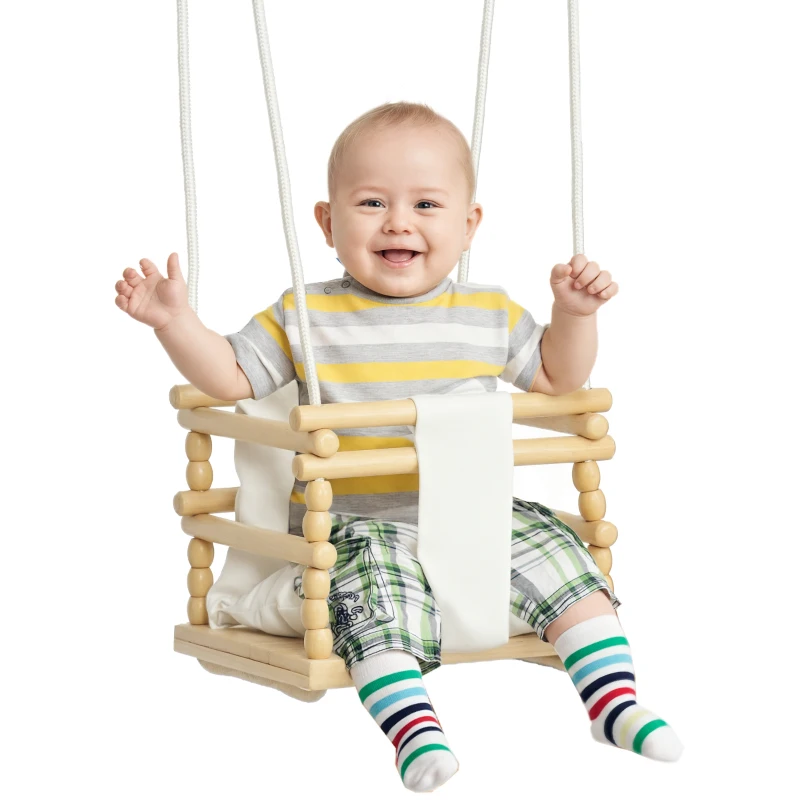 AIYAPLAY Altalena per Bambini 9-36 Mesi in Legno e Cotone con Corda Regolabile e Cuscino, 30x30x110-180 cm