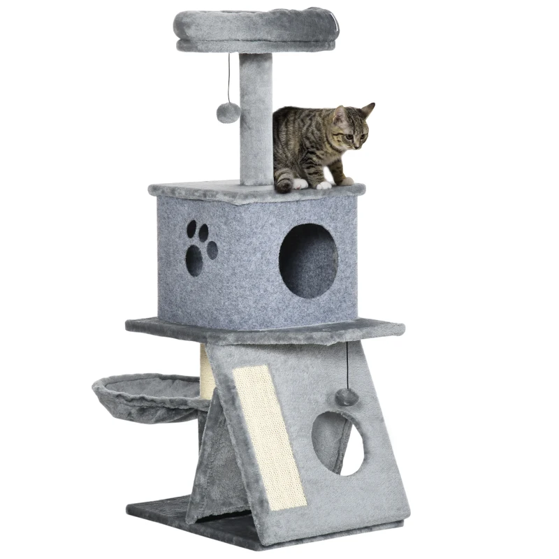 PawHut Árbol Rascador para Gatos Torre para Gatos con Múltiples Espacios para Jugar y Descansar 50x40x111 cm Gris