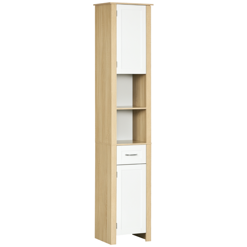 kleankin Mobile Bagno Alto in Truciolato con un Cassetto, 2 Armadietti e 2 Ripiani Aperti Regolabili, 37x30x184 cm