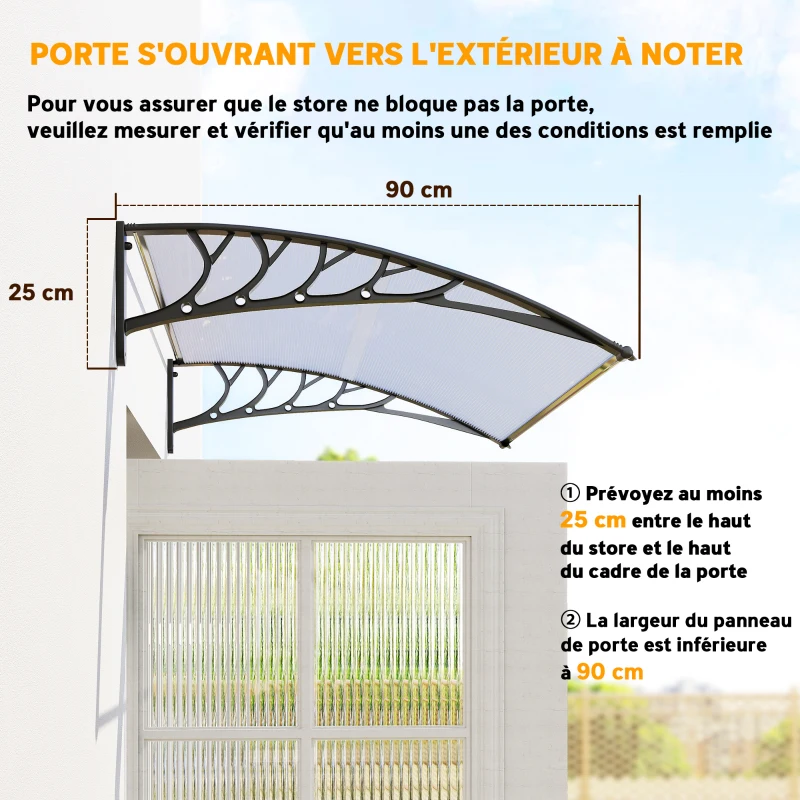 Outsunny Auvent de porte d'entrée toit marquise en polycarbonate protection contre pluie neige UV 0,9 x 1,5 m, transparente