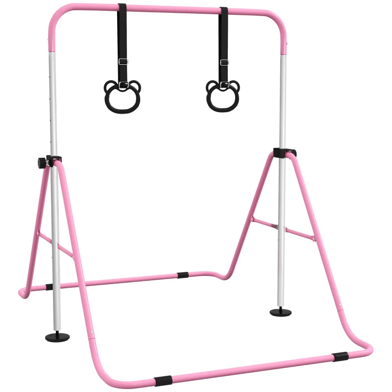 HOMCOM Barra de Gimnasia para Niños con Altura Ajustable en 5 Niveles y Anillos Entrenamiento de Gimnasia Plegable en Casa Rosa