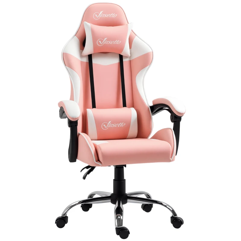 Vinsetto Silla Gaming Silla de Escritorio Reclinable 135° Reposacabezas y Cojín Lumbar  63x67x122-130 cm Rosa