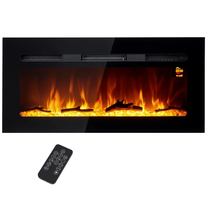 HOMCOM Șemineu Electric cu Telecomandă, Flacără și Iluminare Reglabilă din Oțel și Sticlă Călită, 91,4x15,8x45 cm, Negru