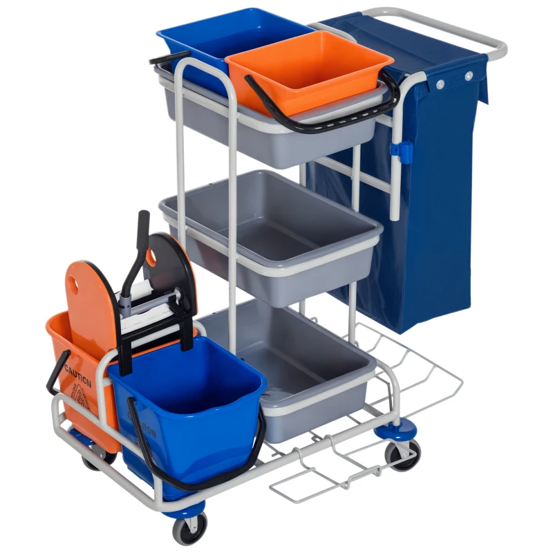 HOMCOM Carrello per Pulizie Professionale Multiuso con 4 Secchi Rotelle Borsa di Tela 118 × 73 × 103cm