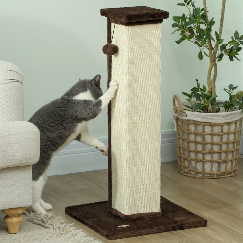 PawHut Griffoir pour chat poteau griffoir chat en sisal et peluche, boule suspendue base stable 41 x 41 x 81 cm marron et crème