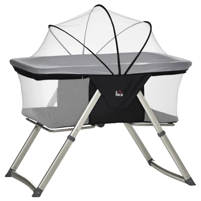 HOMCOM Culla da Campeggio 2 in 1 Pieghevole con Lettino a Dondolo e Zanzariera Età 0-6 Mesi, 59x55x67-69 cm, Nero
