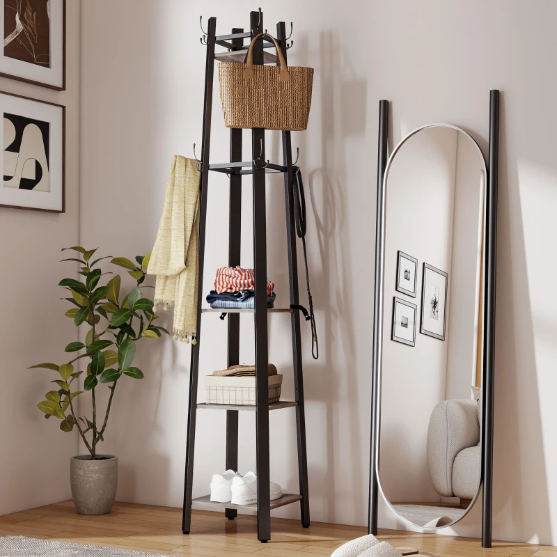 HOMCOM Industrial-Style Four Shelf Coat Stand - Grey/Black