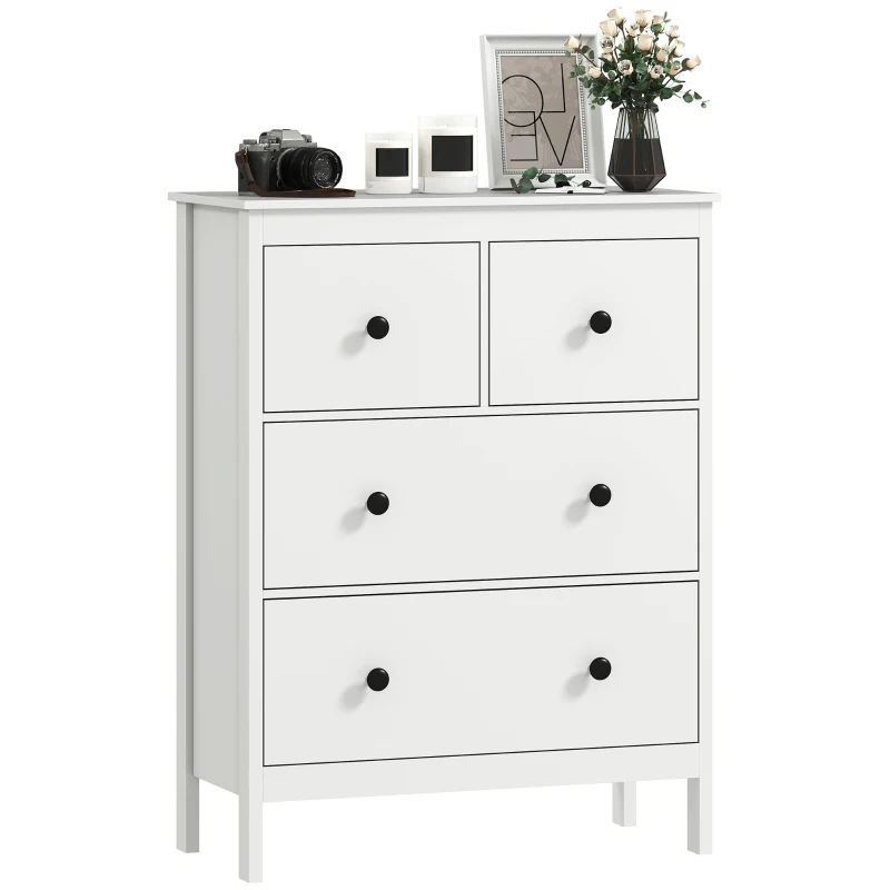 HOMCOM Comò con 4 Cassetti, per Abiti & Biancheria, Soggiorno, Camera da Letto, Corridoio, Truciolato, Bianco