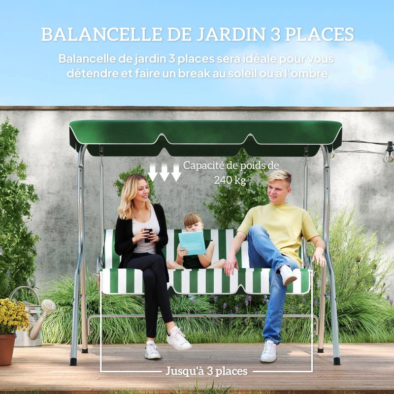 Outsunny Balancelle de jardin 3 places, balançoire extérieure toit inclinaison réglable, motif à rayures 1,7 x 1,1 x 1,53 m vert