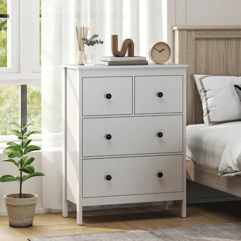 HOMCOM Cómoda con 4 Cajones, para Ropa & Ropa de Cama, Salón, Dormitorio, Pasillo, Tablero de Partículas, Blanco