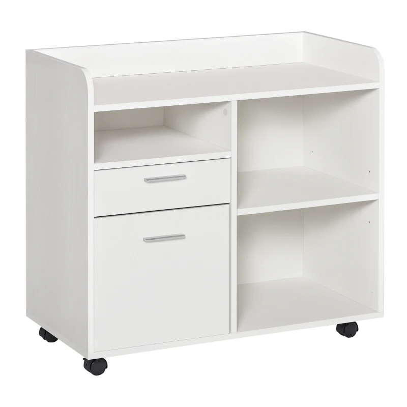 Vinsetto Armário para Impressora com 3 Compartimentos 2 Gavetas para Arquivos Prateleira Ajustável 2 Rodas com Freios 80x40x72 cm Branco