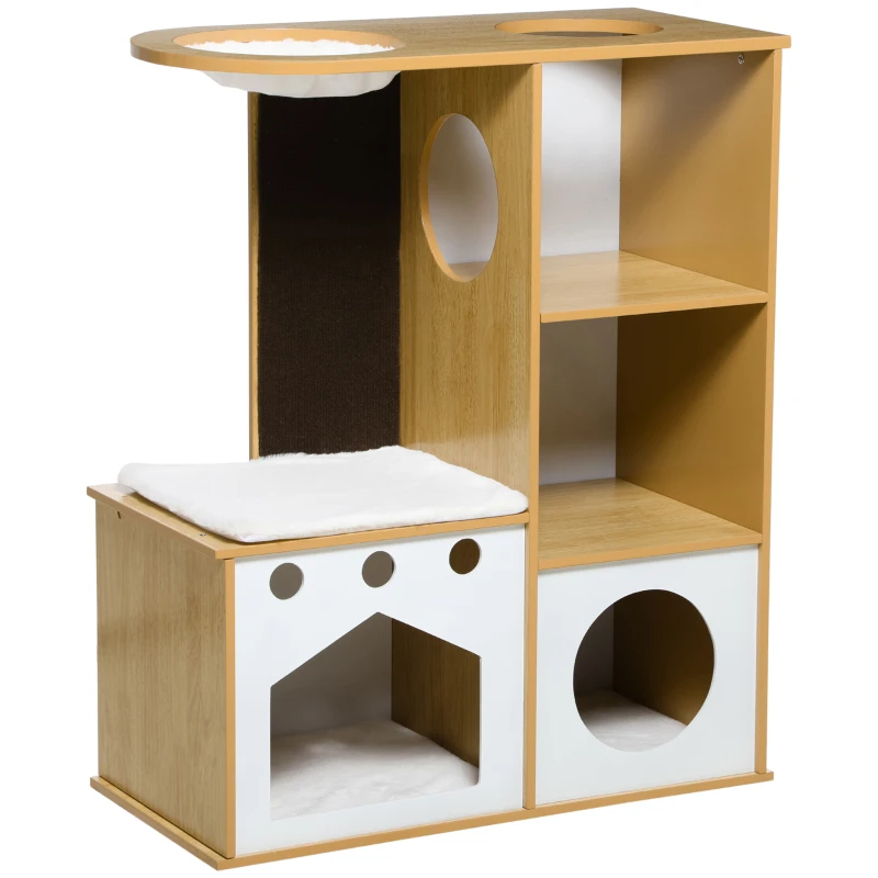 PawHut Árbol Rascador para Gatos de Madera para Gatos con 2 Cuevas Rascador Hamaca y Cojines de Felpa 76x37x92,5 cm Roble
