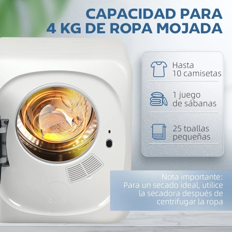 HOMCOM Secadora de Evacuación 4 KG 800W Función Antiarrugas Función Esterilizar 5 Programas Carga Frontal 48x40x56 cm Blanco