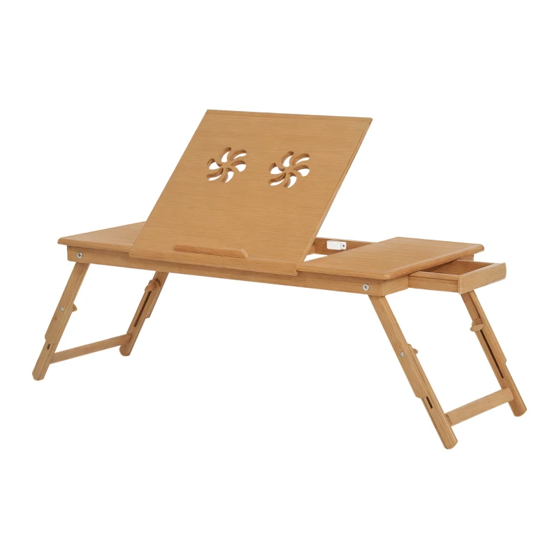 HOMCOM Tavolino da Letto per PC Pieghevole e Inclinabile con Cassetto, 72x35x22-30, Colore Legno