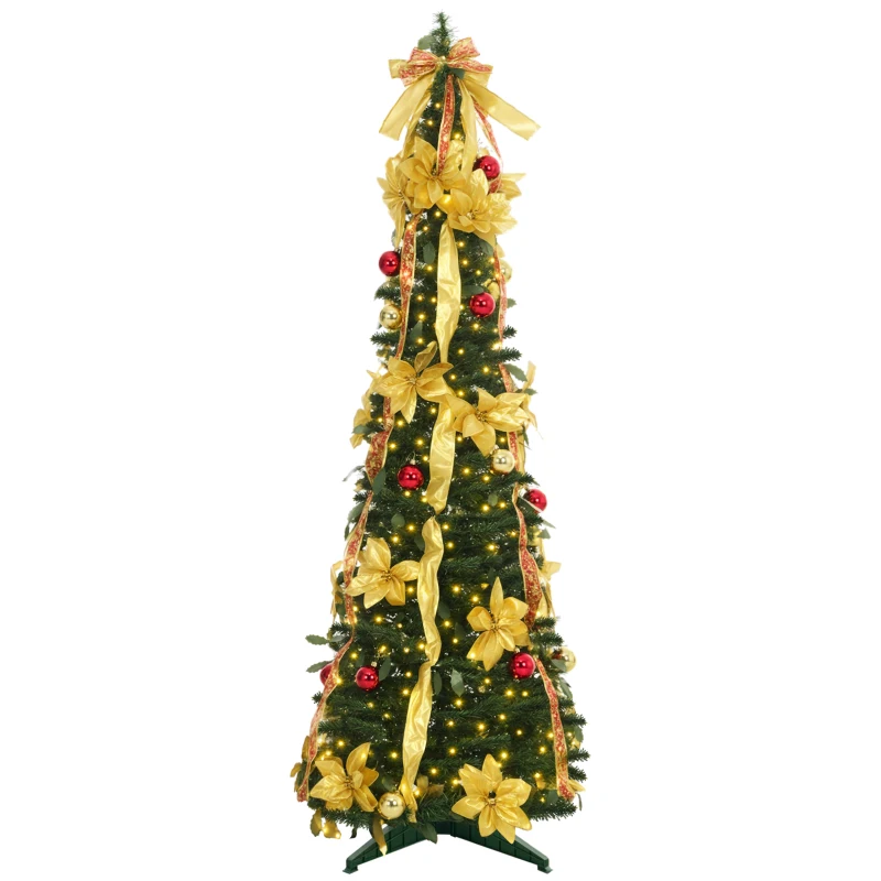 HOMCOM Árbol de Navidad Plegable con Luces LED en Blanco Cálido y Adornos Pre-instalados para Interior Ø60x180 cm Verde