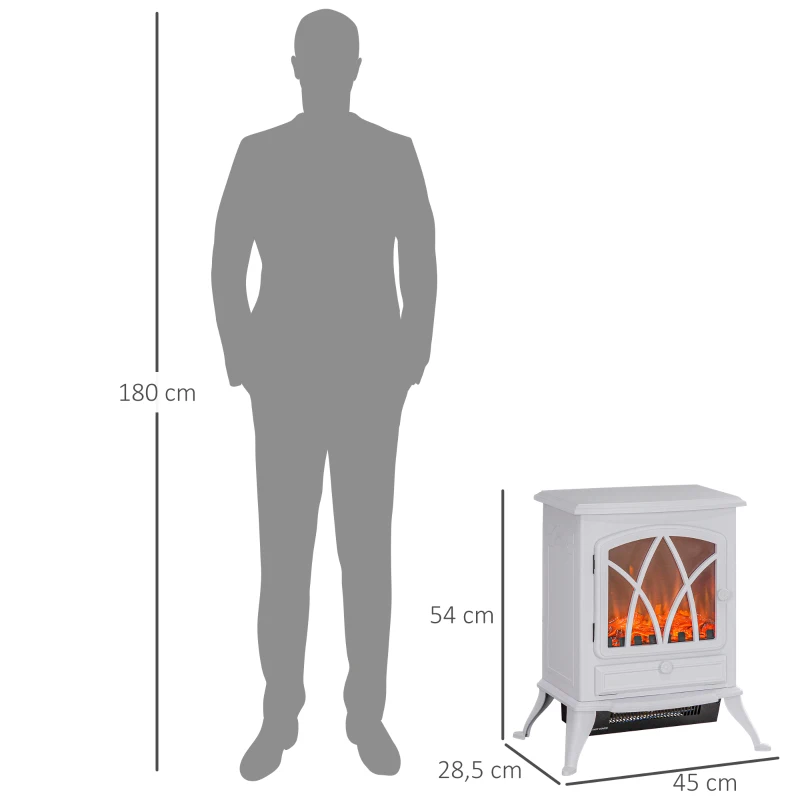 HOMCOM Chimenea Eléctrica 1000W/2000W con Efecto de Llama y Protección Sobrecalentamiento para 15-30 ㎡ 45x28,5x54 cm Blanco