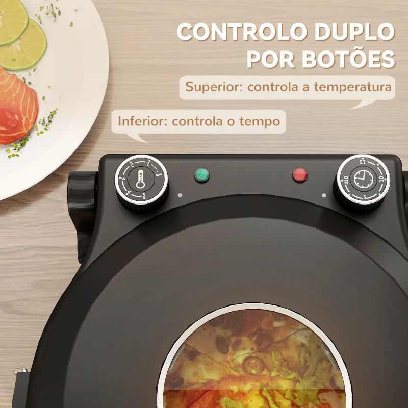 HOMCOM Forno para Pizza 1200W Forno Pizza Eléctrico com Temporizador 15 min Temperatura até 430℃ 34,5x35x16,5 cm Preto