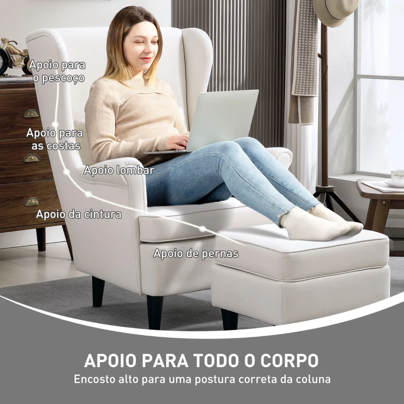 HOMCOM Poltrona com Apoio para Pés Poltrona de Leitura com Encosto Alto Capitonê e Pés de Madeira 75x83x104 cm Bege