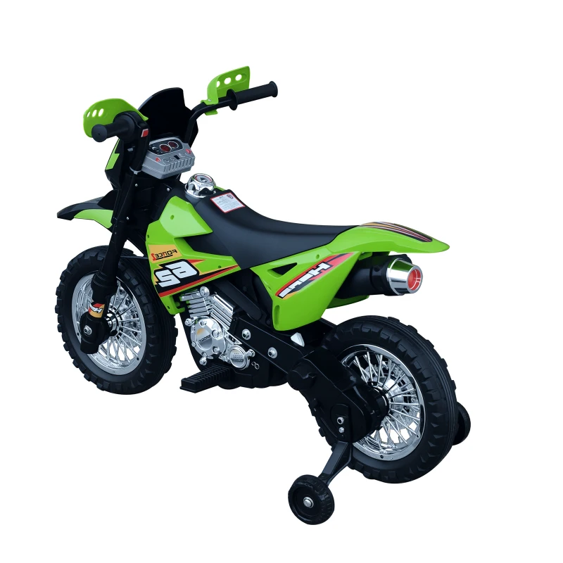 HOMCOM Moto da Cross Elettrica con 2 Rotelline Ausiliarie per Bambini 3-6 anni, Moto Giocattolo 109×52.2×70.5cm Verde