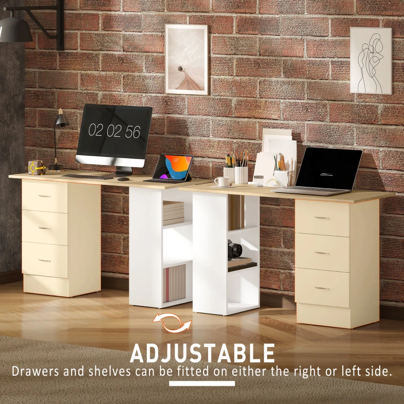 HOMCOM Computer Desk, Writing Table, PC Workstation with 3 Storage Shelves and Drawers, Silver Handle, for Home Office, Natural Wood Finish and White