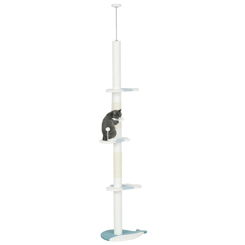 PawHut Árbol Rascador para Gatos de Suelo a Techo Ajustable con 3 Plataforma de Forma de Ola y 1 Bola 55x38x225-255 cm Blanco