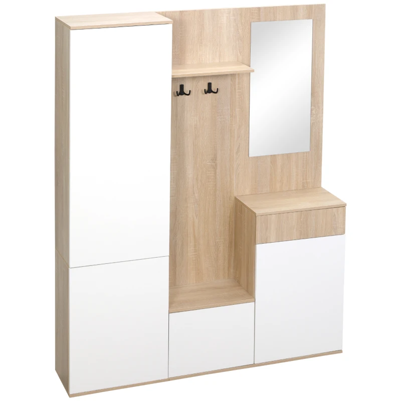 HOMCOM Mobile da Ingresso 4 in 1 in Truciolato con Specchio, Ganci e Ripiani Regolabili Interni, 145x29x184 cm