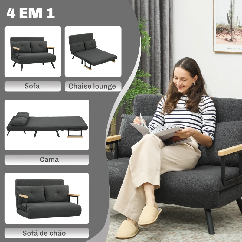 HOMCOM Sofá Cama Sofá Convertível em Cama de 2 Lugares Dobrável com Encosto Ajustável em 5 Níveis e 2 Almofadas 102x73x81 cm Cinza