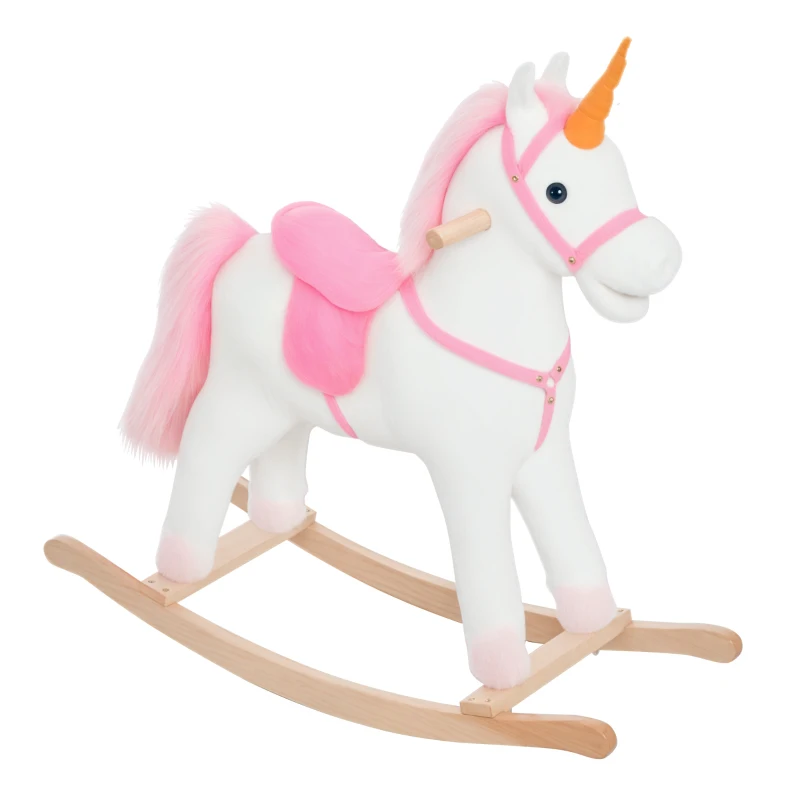 HOMCOM Caballito Balancín de Peluche Balancín Caballo Caballito Madera Juguete de Mecedora para Niños +3 Años 78x28x68cm Forma Unicornio