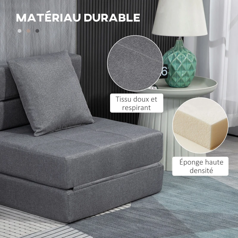 HOMCOM Chauffeuse canapé-lit convertible fauteuil 1 place avec 1 coussin déhoussable, tissu gris
