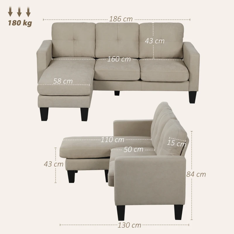 HOMCOM Divano angolare 3 Posti con chaise longue reversibile, 186x130x84 cm, Beige