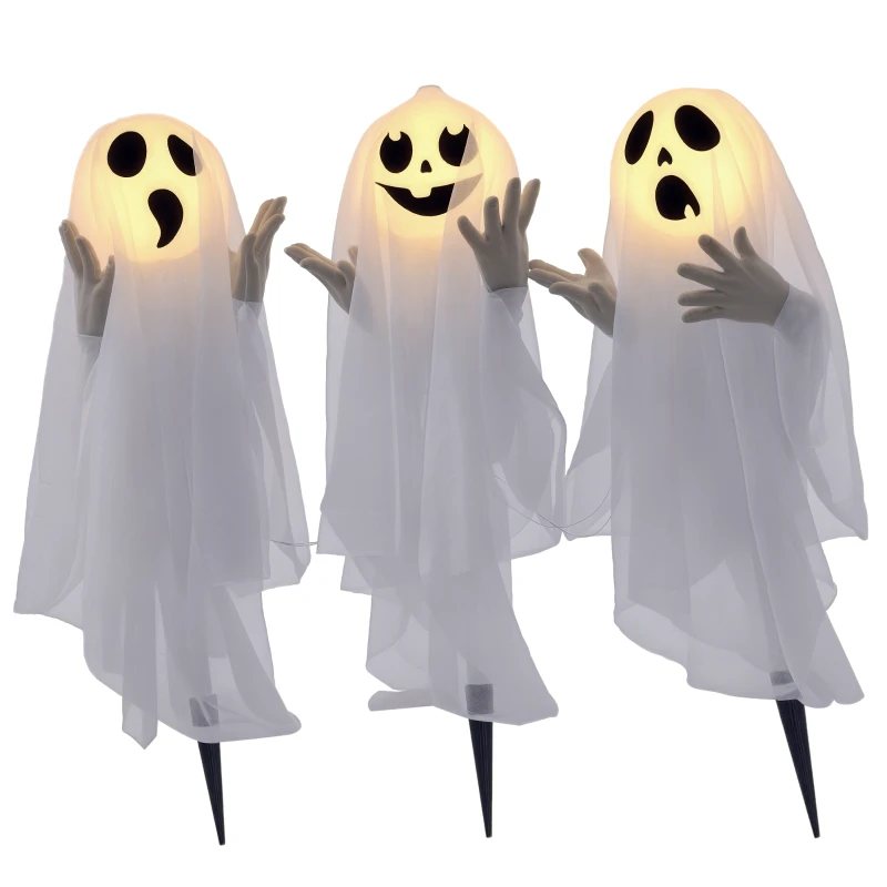 HOMCOM Halloweendekoration, 3 leuchtende Geister, Bewegungssensor, 54 x 10 x 60 cm, Weiß(m-10)