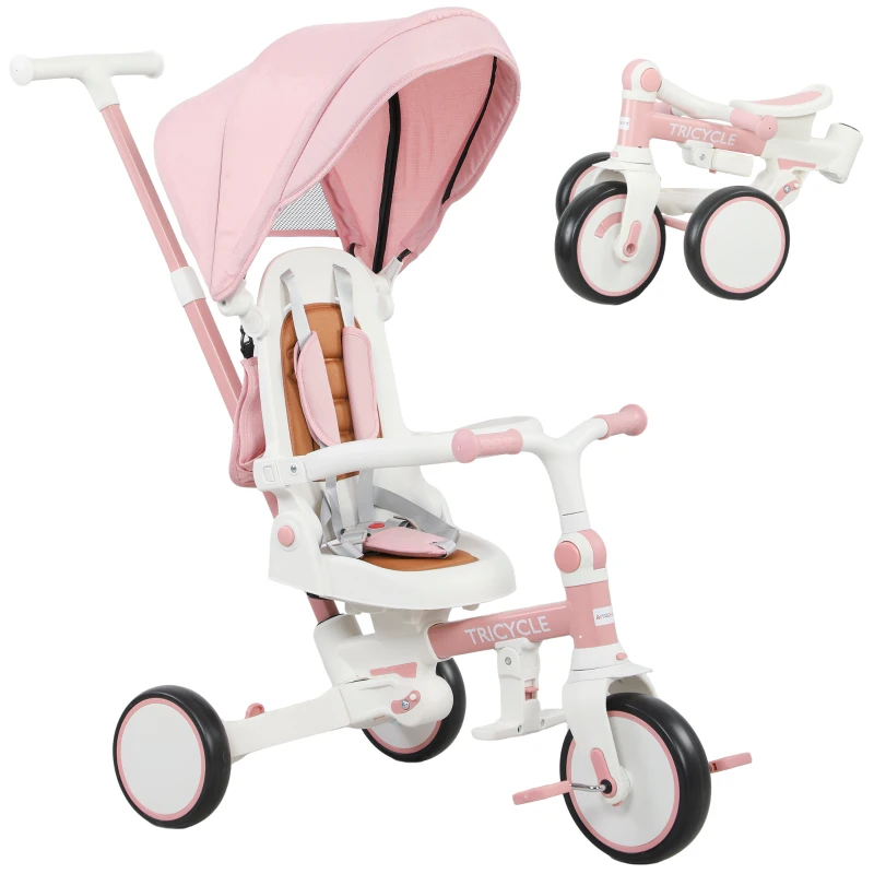 AIYAPLAY Triciclo per Bambini 5 in 1 con Maniglione di Spinta e Copertura Rimovibile, 96.5x49x101 cm, Rosa