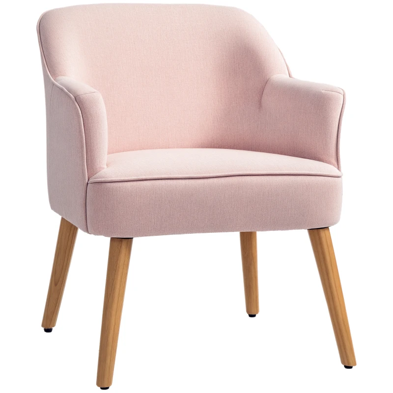 HOMCOM Butaca de Salón Moderna Sillón Individual Tapizado en Lino con Patas de Madera Carga 120 kg 64,5x65x79,5 cm Rosa