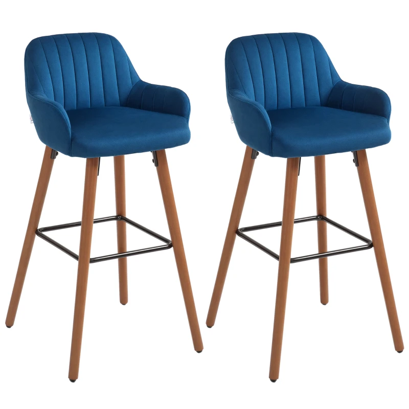 HOMCOM Set 2 Sgabelli da Bar Moderni in Velluto con Schienale e Braccioli, Base in Legno e Poggiapiedi, Blu Scuro