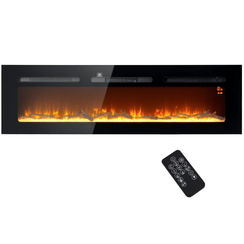 HOMCOM Șemineu Electric Încorporabil cu Telecomandă, Flacără Reglabilă, Temporizator și Termostat, 152,4x15,8x45 cm, Negru