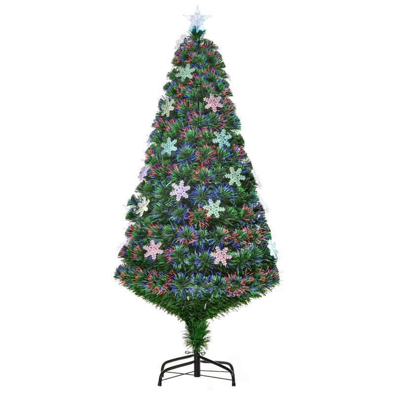 HOMCOM Árbol de Navidad Artificial 150cm con Luces LED Copos de Nieve y Fibra Óptica Decoración Navideña con Luces Multicolor