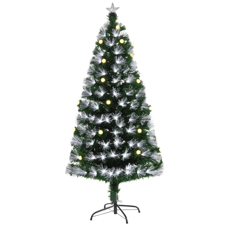 HOMCOM Sapin de Noël de 150 cm Artificiel Lumineux Fibre Optique LED + 26 Ampoules + Support Pied 180 Branches étoile Sommet Brillante Vert