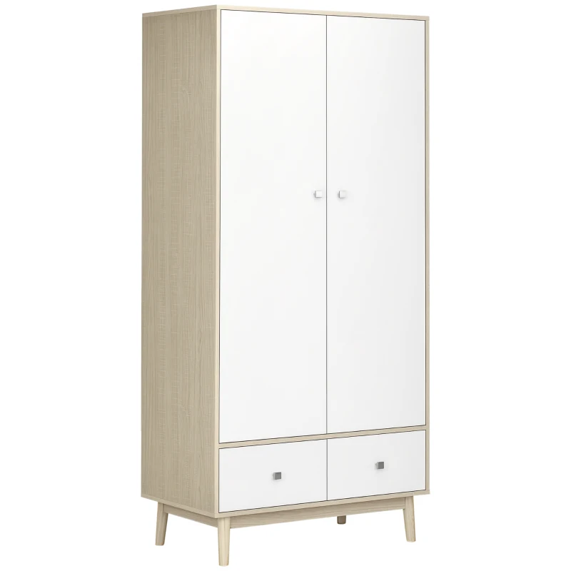 HOMCOM Armadio 2 Ante in Legno con 4 Vani, 2 Cassetti e Appendiabiti, Color Legno e Bianco, 90x50x190cm